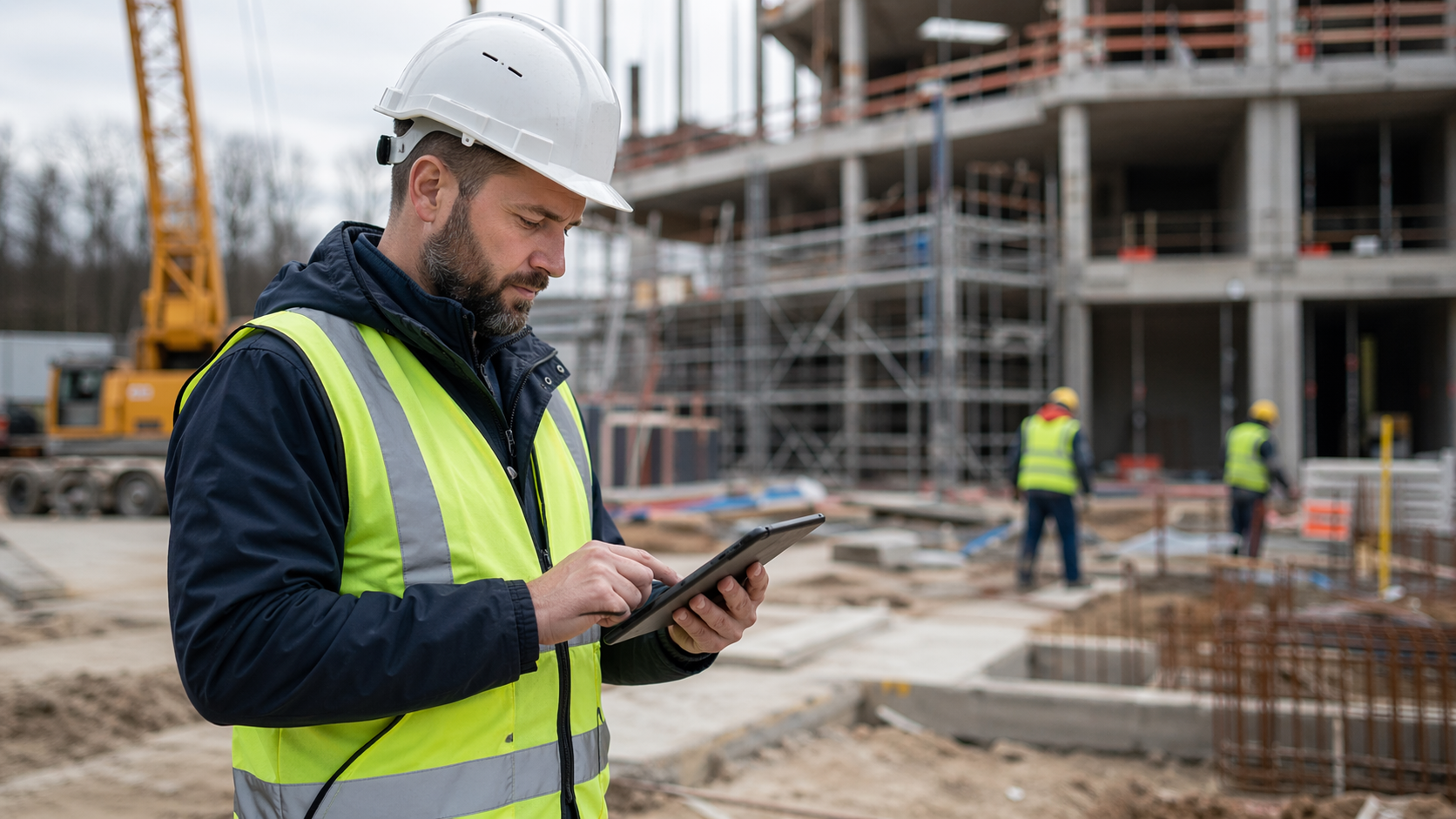 Bauleiter mit Tablet auf der Baustelle