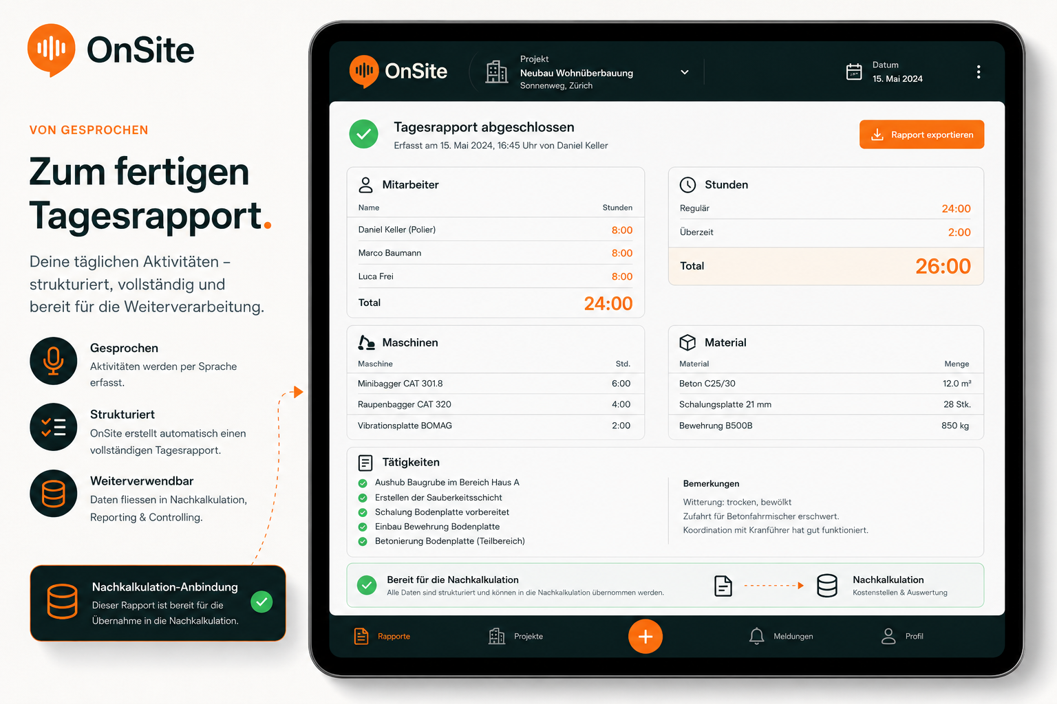 OnSite App &ndash; strukturierter Tagesrapport mit Mitarbeitern, Stunden, Maschinen und Material